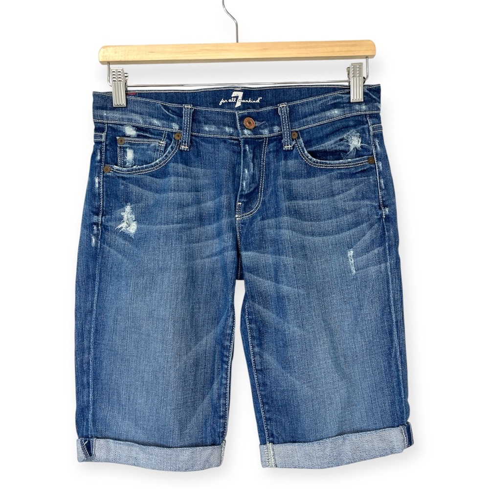 7 For All Mankind Blue Distressed Rolled-Hem Jean Shorts